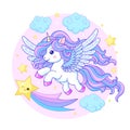 Cute, cartoon unicorn flies in the sky. Vector illustration Royalty Free Stock Photo