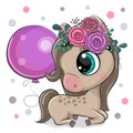 Cute Cartoon Unicorn with flowers and purple balloon