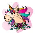 Cute cartoon unicorn head with flowers. Royalty Free Stock Photo