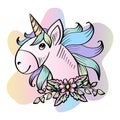 Cute cartoon unicorn head with flowers. Royalty Free Stock Photo