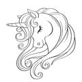 Cute cartoon unicorn head with rainbow mane. Black and white vector  illustration for coloring book Royalty Free Stock Photo