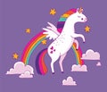 A cute cartoon unicorn leaping over a rainbow