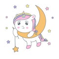 Cute cartoon Unicorn on moon holding a star