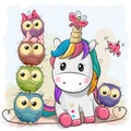 Cute Cartoon Unicorn and Owls