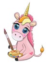 Cute cartoon unicorn with paint palette and paintbrush, artist profession.