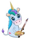 Cute cartoon unicorn with paint palette and paintbrush, artist profession.
