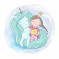 Cute cartoon unicorn and princess girl are best friends. Watercolor illustration Royalty Free Stock Photo