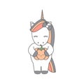 Cute cartoon unicorn with pumpkin funny vector illustration