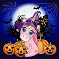 Cute cartoon unicorn in purple witch hat, with pumpkins, potion or broom, Halloween holiday character Royalty Free Stock Photo