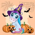 Cute cartoon unicorn in purple witch hat, with pumpkins, potion or broom, Halloween holiday character Royalty Free Stock Photo