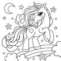 Cute cartoon unicorn on a rainbow. Black and white, linear, image. Vector