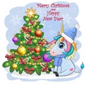 Cute cartoon unicorn in santa hat near christmas tree with gifts, balls. New Year and Christmas greeting card. Royalty Free Stock Photo