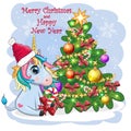 Cute cartoon unicorn in santa hat near christmas tree with gifts, balls. New Year and Christmas greeting card.