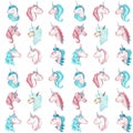 Cute cartoon unicorn seamless pattern. Watercolor unicorn head background illustration. Royalty Free Stock Photo