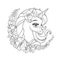 Cute cartoon unicorn surrounded with flowers. Vector coloring page. Royalty Free Stock Photo