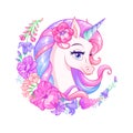 Cute cartoon unicorn surrounded with flowers. Vector illustration. Royalty Free Stock Photo