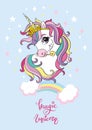 Cute cartoon unicorn vector illustration dreaming blue