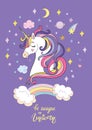 Cute cartoon unicorn vector illustration dreaming purple