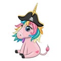Cute cartoon unicorn wearing a pirate hat and eye patch. Summer, sea, palm, beach Royalty Free Stock Photo