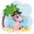 Cute cartoon unicorn wearing a pirate hat and eye patch. Summer, sea, palm, beach Royalty Free Stock Photo