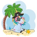 Cute cartoon unicorn wearing a pirate hat and eye patch. Summer, sea, palm, beach Royalty Free Stock Photo