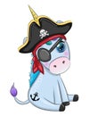 Cute cartoon unicorn wearing a pirate hat and eye patch. Summer, sea, palm, beach Royalty Free Stock Photo