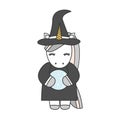 Cute cartoon unicorn witch with crystal ball halloween vector illustration isolated on white background