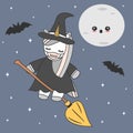 Cute cartoon unicorn witch with face mask flying on broom in a starry night halloween vector illustration Royalty Free Stock Photo
