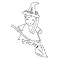 Cute cute cartoon unicorn witch flying on broom halloween black and white vector illustration