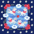 Cute cartoon unicorns and little blue birds on blue polka dot background in beautiful floral frame. Patchwork pattern for baby Royalty Free Stock Photo