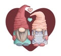 Cute cartoon valentine gnomes on the background of a heart.