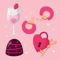 cute cartoon valentines day elements pink fur handcuffs heart lock and key wine glass with cupcake and chocolate candy