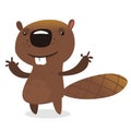 Cute cartoon vector beaver waving with his hands.