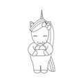 Cute cartoon vector black and white unicorn with ice cream illustration for coloring art