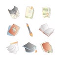 Cute cartoon vector book, notebook, calendar, diary and journal icon set with pen. Cartoon books icon collection. School