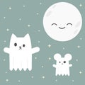 Cute cartoon vector cat and mouse ghost in the night Royalty Free Stock Photo