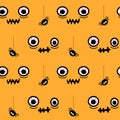Cute cartoon vector halloween seamless pattern illustration with hand drawn doodle creepy eyes and spider on orange background ora Royalty Free Stock Photo