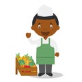 Cute cartoon vector illustration of a black or african american male fruit seller