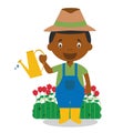 Cute cartoon vector illustration of a black or african american male gardener