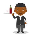 Cute cartoon vector illustration of a black or african american waiter