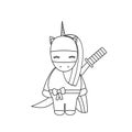 Cute cartoon vector illustration with black and white ninja unicorn with sword