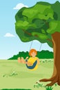 Cute cartoon vector illustration in flat style. Happy joyful girl riding a swing in the park, in the garden. Royalty Free Stock Photo