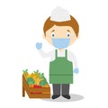 Vector illustration of a fruit seller with surgical mask and latex gloves as protection against a health emergency