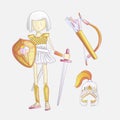 Cute cartoon vector illustration of girl warrior. Cute teen little girl in armor, with bow, helm and sword and war
