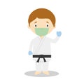 Vector illustration of a karateka with surgical mask and latex gloves as protection against a health emergency