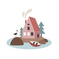 Cute cartoon vector illustration with scandinavian nordic houses, fjords, nature, sea, stones, trees, Seagull, boat