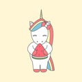 Cute cartoon vector illustration with unicorn eating watermelon slice