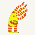 Cute cartoon vector monster. Yellow multi-armed monster character with stippled texture. Hand-drawn vector illustration