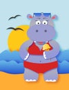 Cute summer hippo girl on a beach cartoon illustration Royalty Free Stock Photo