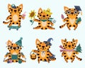 Cute cartoon vector tigers set. Isolated icons of animals on a white background. Cats in various poses. Pets on the farm, at